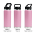 A drink bottle in pink with three lid options: straw handle, Tritan, and sipper handle. Features a logo.