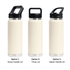 A drink bottle in cream colour featuring three lid options: Straw Handle Lid, Tritan Lid, and Sipper Handle Lid.