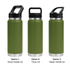 A drink bottle in olive green, featuring three lid options: Straw Handle, Tritan, and Sipper Handle.