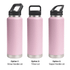 A drink bottle in pink featuring three lid options: straw handle, Tritan, and sipper handle. Each has a stainless steel base.