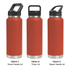 A drink bottle in vibrant orange with three different lid options: straw handle, Tritan lid, and sipper handle.