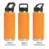 A drink bottle in bright orange with three different lid options: Straw Handle, Tritan, and Sipper Handle.