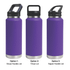 A drink bottle in purple, featuring three different lid options: straw handle, Tritan lid, and sipper handle.