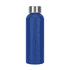 A drink bottle in a vibrant blue colour with a silver screw-top lid and a smooth finish. It features a logo.