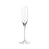 A slanted champagne glass with a clear, tall design featuring an elegant curved rim and a slim base.