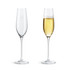 Two elegant classic champagne flutes, one empty and one filled with sparkling champagne, both in clear glass.