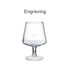 A clear glass brandy snifter with a wide bowl and a tall stem, featuring a logo on the front.