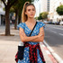 A drink bottle carrier in black is held by a woman wearing a blue floral dress, with a plaid shirt tied around her waist.