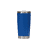 A drink bottle featuring a blue stainless steel design with a silver rim and a lid, branded with a logo.