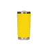 A drink bottle in vibrant yellow with a stainless steel base and a lid. It features a logo.