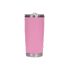 A drink bottle in a vibrant pink finish with a stainless steel base and a lid. It features a logo on the body.