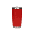 A drink bottle in vibrant red with a stainless steel base and a lid, featuring a logo.