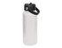 A drink bottle in white with a black spout lid and handle, featuring a logo on the side.
