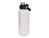 A drink bottle in matte white with a black screw cap and a metal top, featuring a logo.