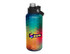 A drink bottle featuring a vibrant geometric pattern in blue, green, and red hues, with a screw cap and a logo.