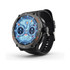 A smart watch with a round black casing, blue display, and multiple dials, featuring a black strap and a logo.