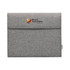 A grey business folio with a flap closure and a logo in the centre. Features a textured fabric design.