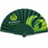 A red RPET foldable fan with a simple design, featuring a logo on one of the sections.