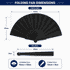 A black foldable fan with coloured ribs, featuring dimensions for unfolded and folded sizes. Includes a logo.