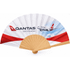 A wooden hand fan with a red and white design, featuring an airline logo and an image of an airplane.
