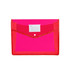 A pink expanding document folder with a red border and a clear label area on the front. It has a button closure.