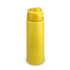 A drink bottle in bright yellow with a screw-top lid and a logo on the body.
