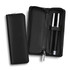 A black pen set in a zippered case, featuring two pens and a sleek design. The case has a logo inside.