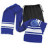 A blue scarf and beanie with pom pom, featuring white stripes, packaged in a black drawstring bag.
