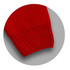 A red knitted jumper featuring a ribbed cuff detail and a solid texture. It has a logo on it.