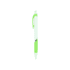 A green and white push-action ballpoint pen with a rubber grip and a logo on the barrel.