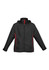 A black unisex jacket with a hood, featuring red accents along the sides and a zipper front. It has a logo.