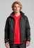A unisex jacket in black with red accents, featuring a zip front and a collar. It has a logo on the chest.