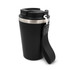 A drink bottle featuring a black recycled stainless steel body and a silver band, with a detachable strap and lid.