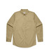 A khaki button-up denim wash shirt with long sleeves and a chest pocket, featuring a logo.