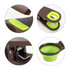 A collapsible pet food scoop in brown and green, featuring a textured grip and a compact design for easy storage.