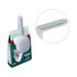A pet food scoop in light grey attached to a green packaging. The scoop features a flat edge for easy use.