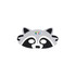 A grey and black raccoon felt mask with cut-out eyes and a logo. Adjustable black straps are attached.