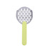 A cat litter scoop with a grey head and a yellow handle, featuring slotted holes for sifting.
