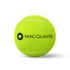 A bright yellow tennis ball featuring a black logo on one side.