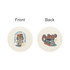 A round absorbent paper coaster featuring playful illustrations and text in colours of cream, blue, and orange.