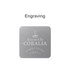 A square metal coaster in silver with an engraved design and a logo.