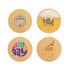 A round bamboo bottle opener coaster featuring natural wood tones and various printed designs.