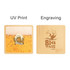 A square bamboo coaster featuring UV print and engraving designs, displayed in light brown tones.