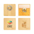 A drink bottle opener coaster made of bamboo, featuring various printed designs and a bottle opener.
