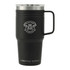 A drink bottle in matte black with a handle, featuring a branding logo and a transparent lid.
