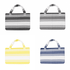 A collection of foldable beach towel bags in black, white, yellow, and navy blue, featuring striped designs and handles.