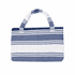 A foldable beach towel bag in blue and white stripes, featuring sturdy handles and a spacious design.