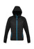A black puffer jacket with a hood and blue accents, featuring a full zip and fitted design.