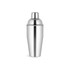 A stainless steel cocktail shaker with a polished silver finish and a threaded cap. It features a logo.