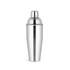 A stainless steel cocktail shaker with a sleek, reflective finish and a secure lid.